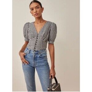 Reformation Emerald Linen Top Black Plaid Buttoned Puffy Sleeve Blouse Size 6